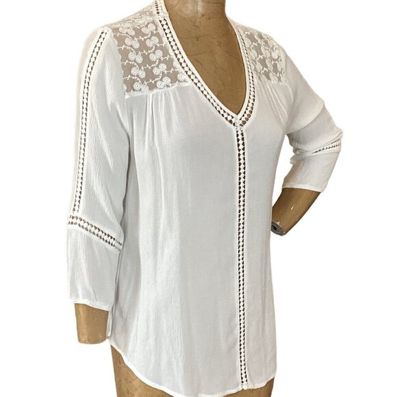 John Paul Richard Raelinn Crochet Detail White BOHO Top Sz L #303C - Picture 3 of 8